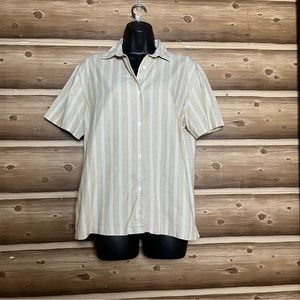 5/$30 Fire islander women short sleeve bottoms down tan/ white striped shirt SzM